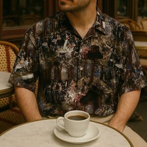 Guy Buffet Parisian Cafe Silk Button Front Camp Shirt Men Medium Casual Luxury